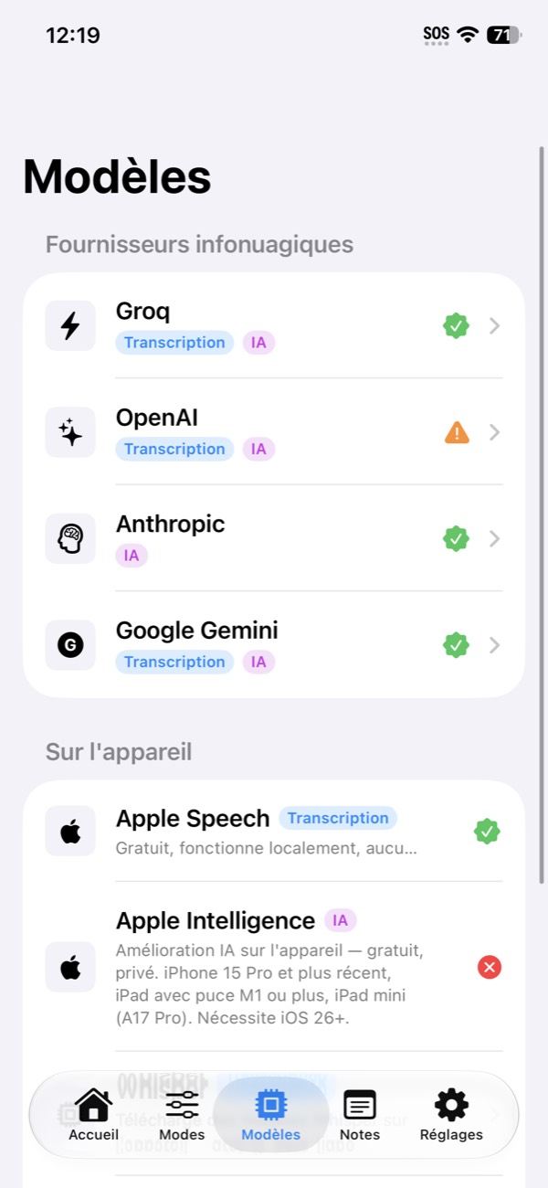 Écran Modèles de Pnyx : fournisseurs infonuagiques et modèles sur l'appareil